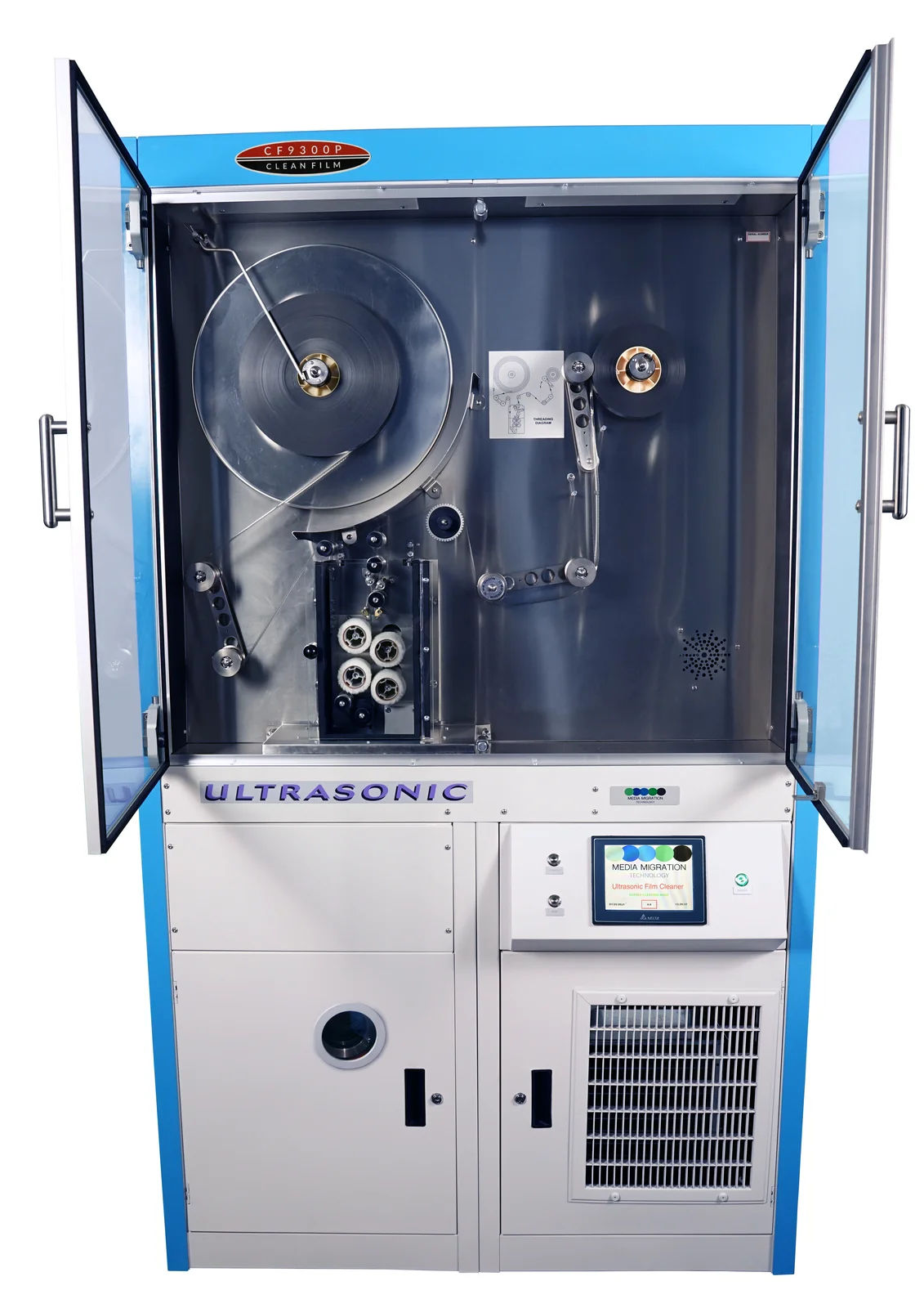 MMT CF9300P ultrasonic film cleaner — front view doors open